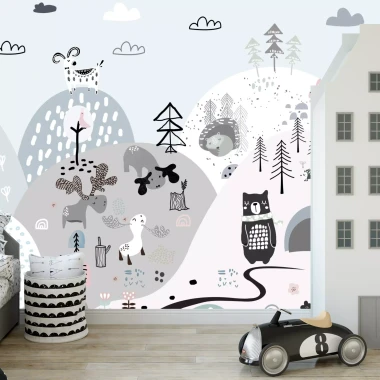 Mountain landscape wallpaper for kids featuring animals, perfect for a bright children\'s room decor.