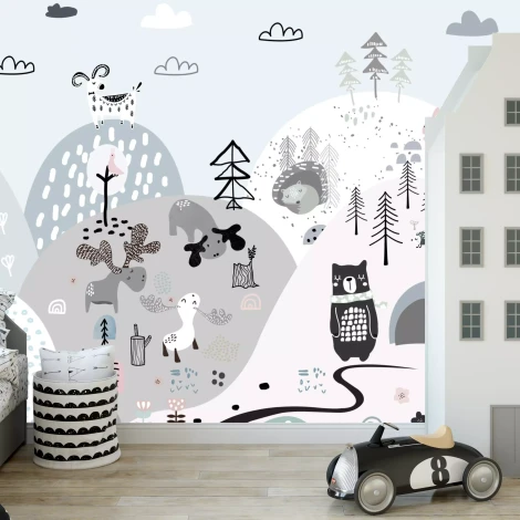 Mountain landscape wallpaper for kids featuring animals, perfect for a bright children\'s room decor.