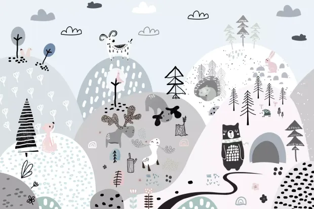 Mountain landscape wallpaper for kids featuring animals, trees, and clouds. Design code 0539 DW.