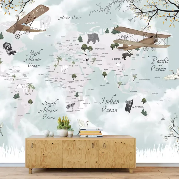 World map wallpaper for kids featuring airplanes and wild animals, perfect for brightening a child\'s room.