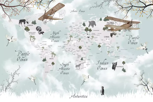 World map wallpaper for kids featuring airplanes and wild animals, design 0537 DW.