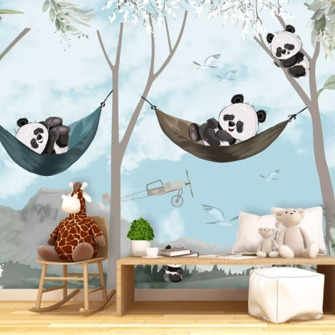 Panda bear wallpaper for kids with pandas relaxing in hammocks. Bright colors for a cheerful nursery decor.
