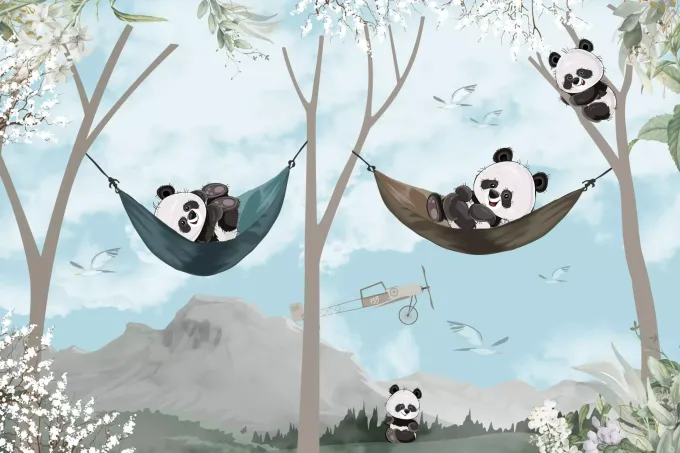 Panda bear wallpaper for kids featuring two pandas in hammocks with mountains and clouds in the background.