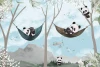 Panda bear wallpaper for kids featuring two pandas in hammocks with mountains and clouds in the background.