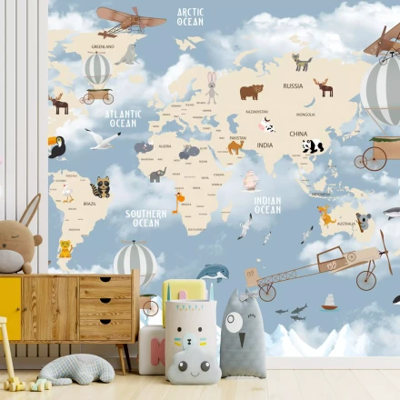 Kids' Wallpaper Airplanes, Balloons, Animals, World Map 0536 DW
