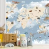 Children\'s wallpaper with planes, balloons, animals, and world map 0536 DW - Bright room decor for kids.