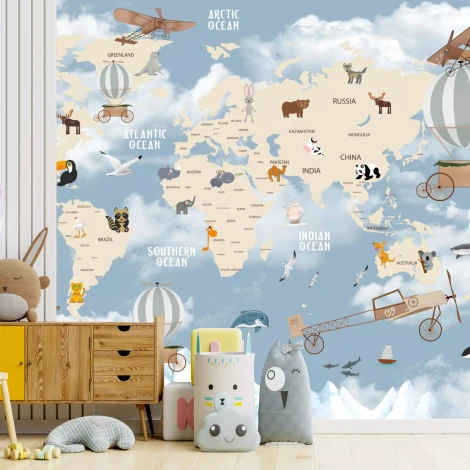 Children\'s wallpaper with planes, balloons, animals, and world map 0536 DW - Bright room decor for kids.