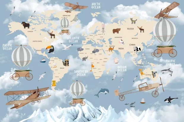 Children\'s wallpaper featuring airplanes, balloons, animals, and a world map design 0536 DW.