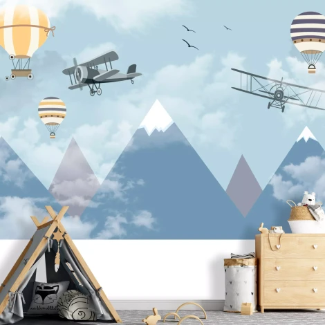 Children\'s wallpaper with planes and balloons against a backdrop of mountains and clouds. Planes are set against the sky.