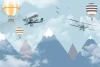 Children\'s wallpaper with planes and balloons against a backdrop of mountains and clouds. Features planes in the sky.