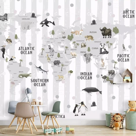 Children\'s wallpaper Animals on World Map 0535 DW - Graphic design featuring a world map with animal drawings and country names.