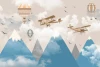 Children\'s room wallpaper with planes, mountains, and balloons. Features planes and balloons against a cloud background.