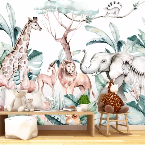 Colorful savanna animal wallpaper, perfect for a cozy children\'s room, full of joy.