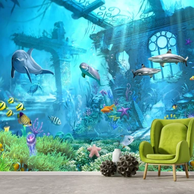 Children\'s room wallpaper with dolphins and sea animals 0542 DW - Decor for a child\'s room in soft shades.