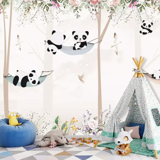 Panda bear wallpaper for kids\' room, featuring pandas in hammocks. Brightly colored walls enhance the decor.