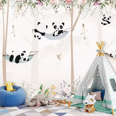 Panda bear wallpaper for kids\' room, featuring pandas in hammocks. Brightly colored walls enhance the decor.