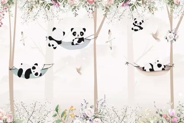Panda bear wallpaper for kids\' room, featuring pandas in hammocks surrounded by flowers.