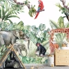 Children\'s room wallpaper with elephants, giraffes, and animals 0521 DW - Brightly colored walls in the background.