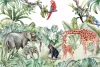 Children\'s room wallpaper featuring elephants, giraffes, monkeys, and parrots in a graphic design.