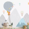 Kids\' wallpaper with animals in balloons against a mountain backdrop. Brightly colored walls for a cheerful nursery.
