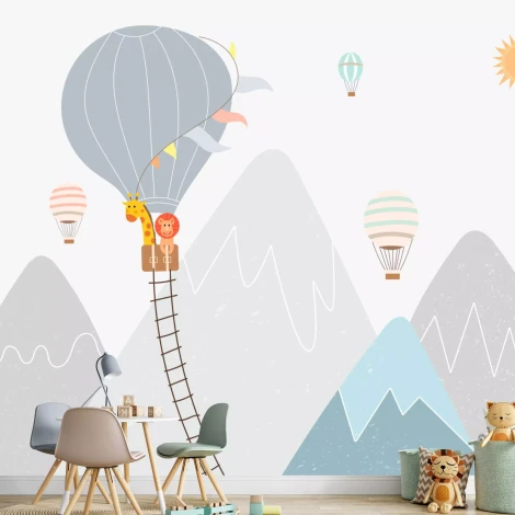 Kids\' wallpaper with animals in balloons against a mountain backdrop. Brightly colored walls for a cheerful nursery.