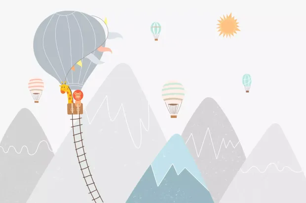Children\'s room wallpaper with animal balloons and mountains 0531 DW - Graphic design featuring two balloons and mountain backdrop.