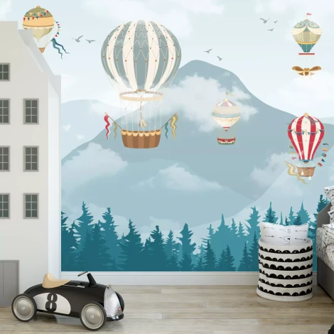 Children\'s wallpaper with balloons against a mountain landscape. Brightly colored walls in a child\'s room.