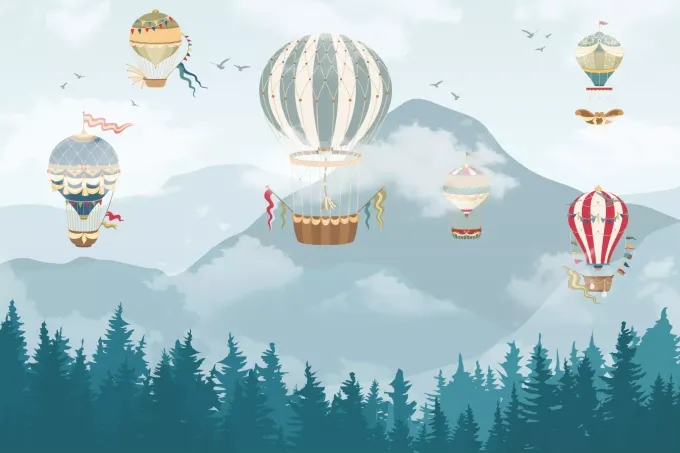 Children\'s wallpaper with balloons against a mountain landscape, featuring various balloon shapes floating above.