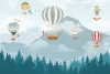Children\'s wallpaper with balloons against a mountain landscape, featuring various balloon shapes floating above.
