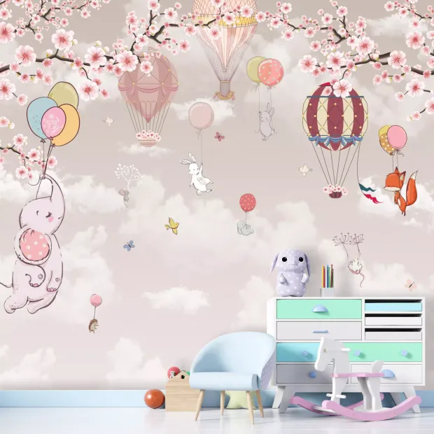 Children\'s wallpaper with cheerful animals, balloons, and flowers. Balloons float against a cloud background.