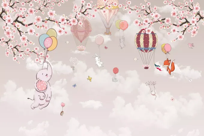 Children\'s wallpaper with cheerful animals, balloons, and flowers 0533 DW - Features balloons, animals, and flowers.