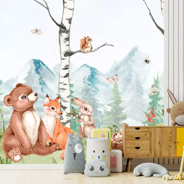 Mountain wallpaper with forest animals 0522 DW - Ideal for a child\'s room with light-colored walls and wooden furniture.