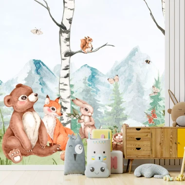 Mountain wallpaper with forest animals 0522 DW - Ideal for a child\'s room with light-colored walls and wooden furniture.