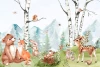 Mountain wallpaper with a forest scene featuring animals, trees, and flowers.