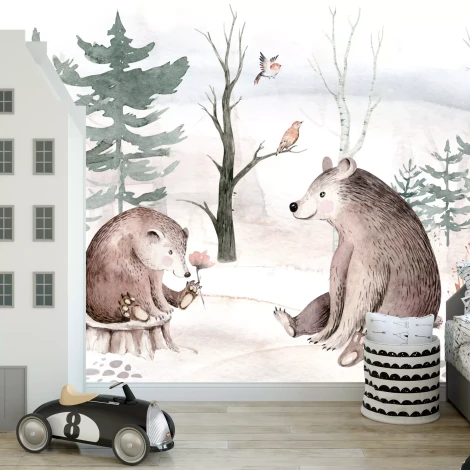 Wall wallpaper for a boy\'s or girl\'s room, featuring bears and trees. Design 0526 DW - Two bears in the forest, one sitting.