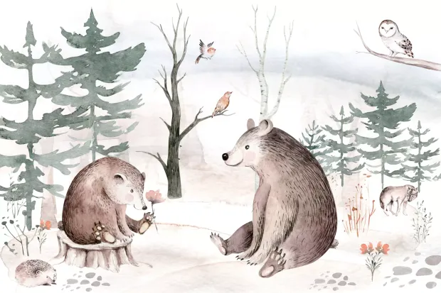 Wall wallpaper for a boy\'s or girl\'s room, featuring two bears in a forest with trees, design 0526 DW.