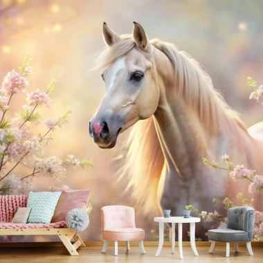 Wall wallpaper for a girl\'s room featuring a horse in flowers 0516 DW - Styled in a living room with light-colored walls and furniture.