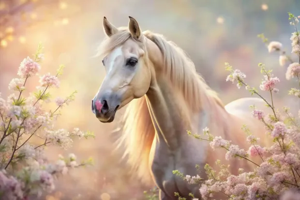 Wall wallpaper for a girl\'s room featuring a horse in flowers, light-colored horse surrounded by pink accents.