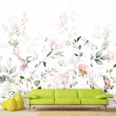 Branch and bird wallpaper 0519 DW - Living room decor with light walls, green sofa, and round yellow accents.