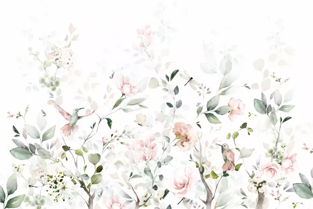 Wall wallpaper Branches, Birds 0519 DW - Graphic design featuring branches with pink flowers and birds.