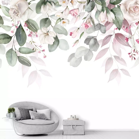 Leaf and flower wallpaper 0544 DW - Living room decor with gray furniture and white walls featuring a botanical design.