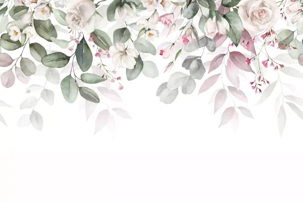 Leaf and flower wallpaper 0544 DW - Graphic design with green and pink flowers and leaves on a white background.
