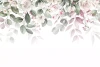 Leaf and flower wallpaper 0544 DW - Graphic design with green and pink flowers and leaves on a white background.