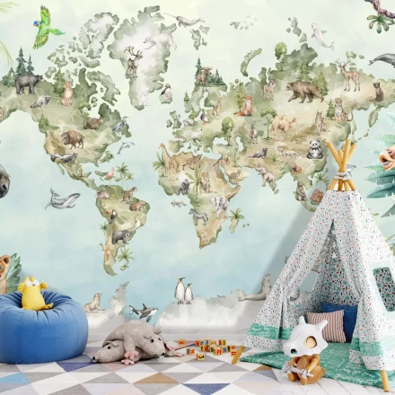 Wallpaper World Map with Wild Animals 0520 DW