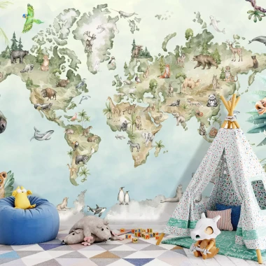 World Map Wallpaper with Wild Animals 0520 DW - Ideal for a children\'s room with light-colored walls in the background.