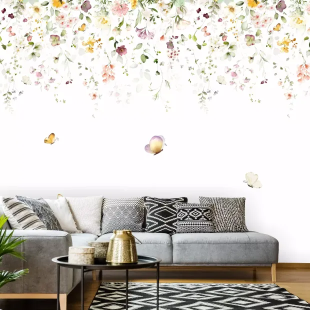 Butterfly and leaf wallpaper 0518 DW - Living room decor with light-colored walls and gray furniture.