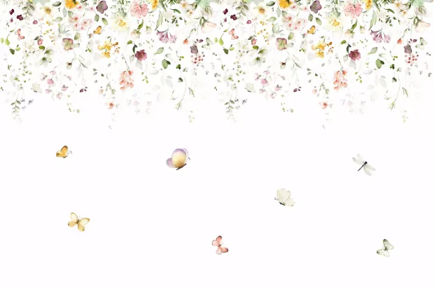 Butterfly and leaf wallpaper 0518 DW - Graphic design with colorful butterflies and flowers on a white background.