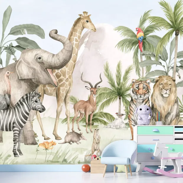 Wild Animals Wallpaper for Kids\' Room 0523 DW - Brightly colored walls in a children\'s room setting.