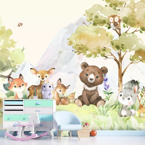 Forest Animals Wallpaper 0517 DW - Decorated children\'s room with light-colored walls and pastel furniture.