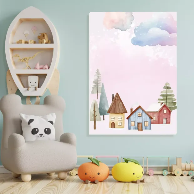Magnetic dry-erase board for kids featuring houses, trees, and clouds - perfect for a bright children\'s room.